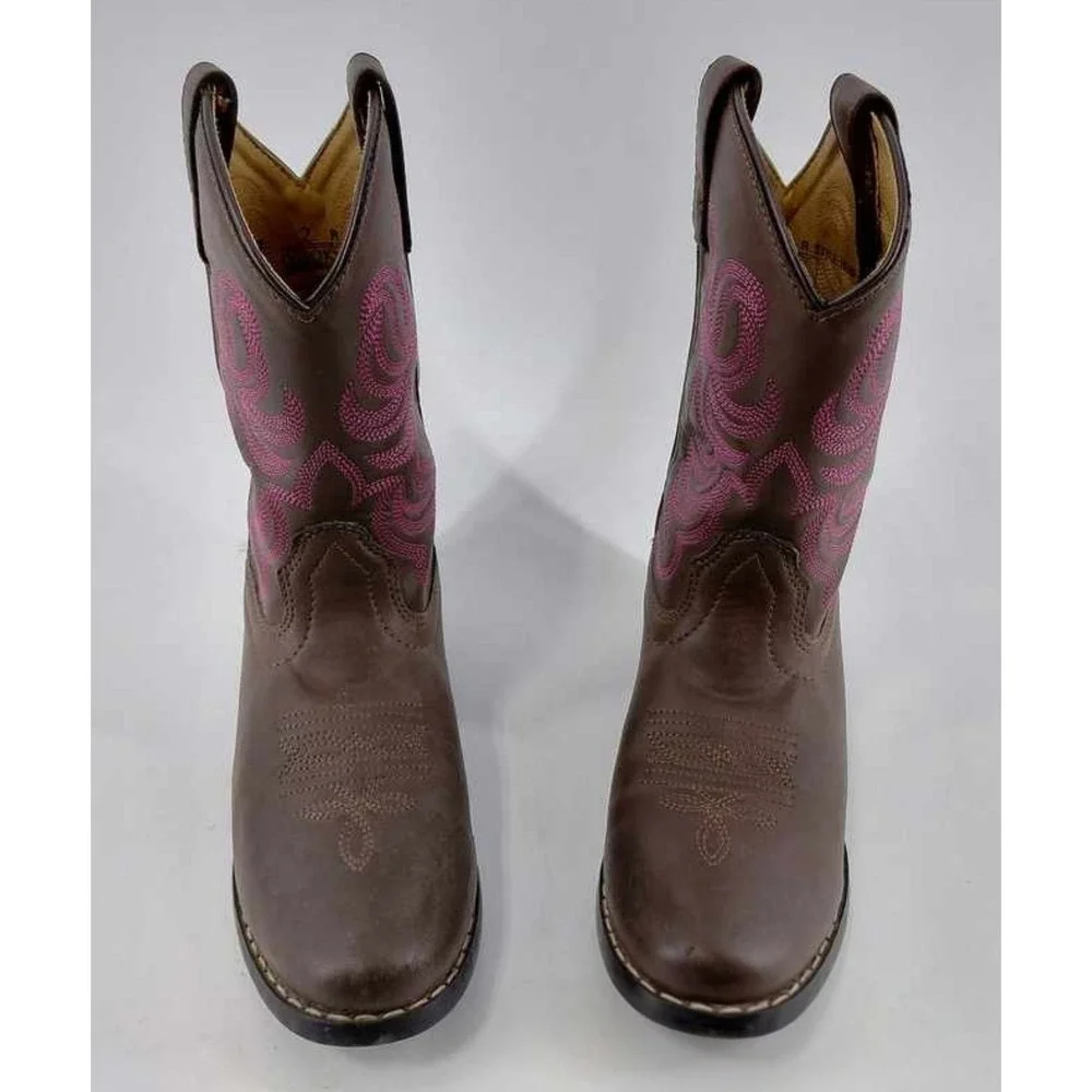 SMOKY MOUNTAIN BOOTS Youth Brown Leather Cowboy Boots Pink Stitch Size 2R